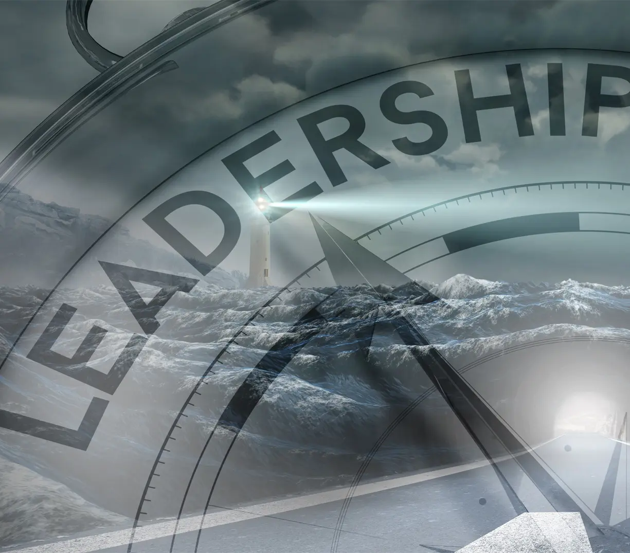 Composite photo of a lighthouse over ocean waves and a compass with the word 'Leadership' arched across the face.