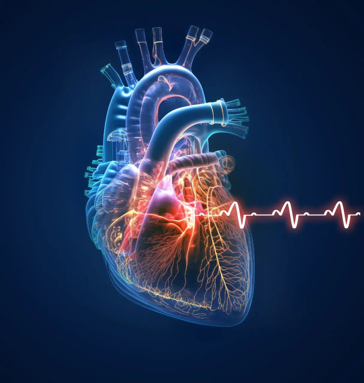 Illustration of a human heart with a glowing pulse line extendinng from its center.