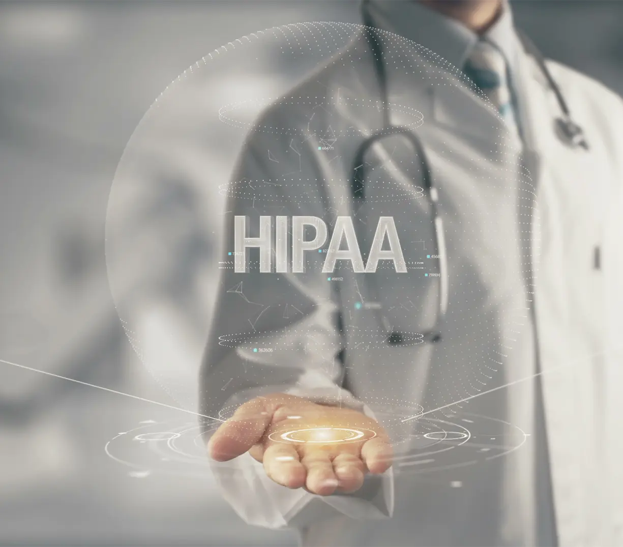 Image of a doctor holding out a flat hand and above the hand floats the letters 'HIPPA.'