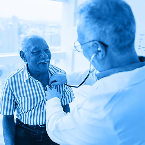 A Black elderly male patient receives a heart check-up. Learn about congestive heart failure and other health topics at SeeMedX.